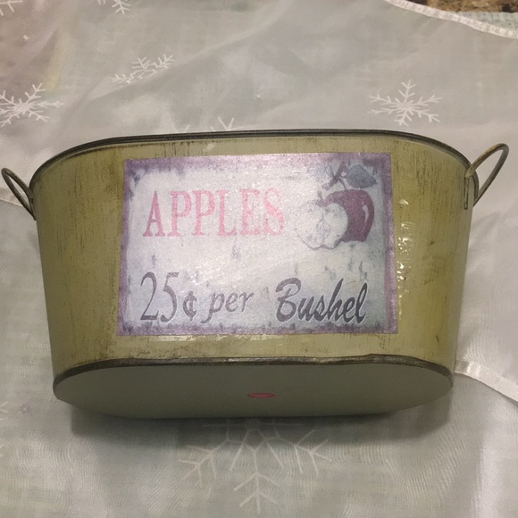 Apples Metal Decorating fruit Bucket 9”x5”x6” Lt Green Distressed look W Handles - Picture 3 of 6